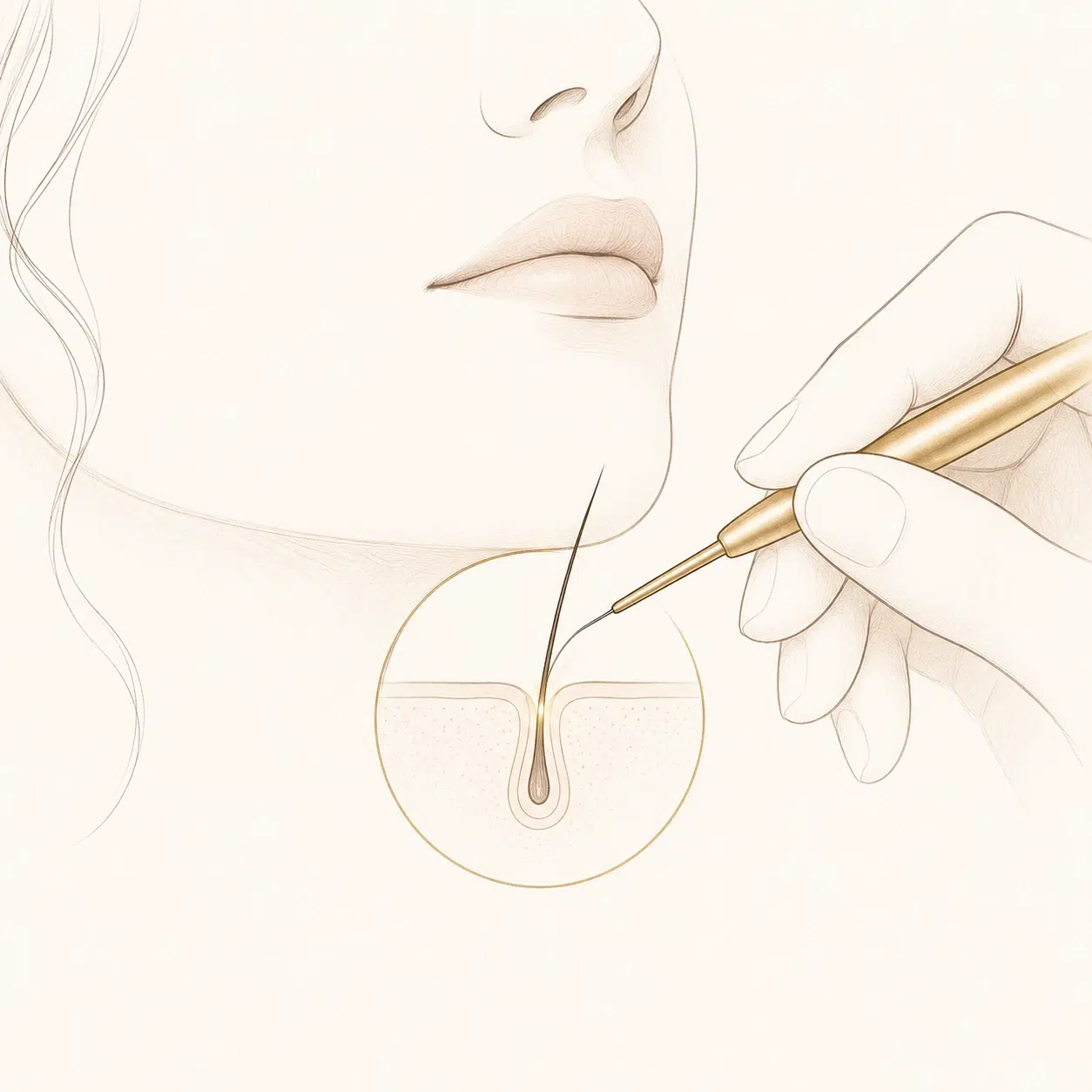 Illustration d’un soin d’épilation électrique de précision sur le visage.